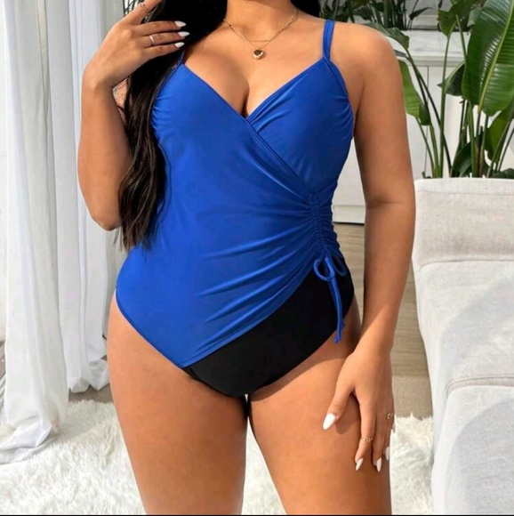 NWT SHEIN Swim Contrast Color Backless One-Piece Black Blue 3XL - Picture 3 of 4